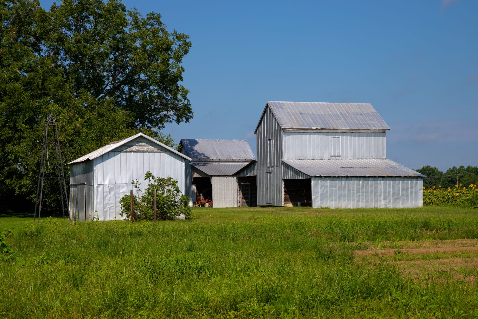 A finished post-frame shop with a pickup and a tractor parked inside, shot from the open overhead door.